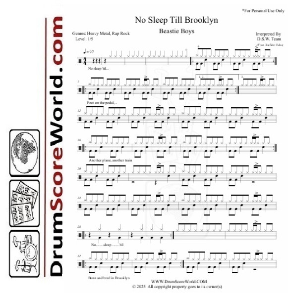 Beastie Boys - No Sleep Till Brooklyn - Drum Sheet + Play-Along Track Beastie Boys - No Sleep Till Brooklyn - Drum Sheet + Play-Along Track
